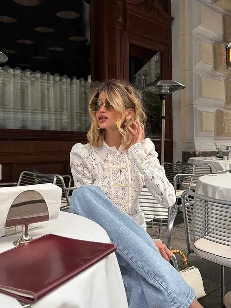 Retro Solid Chinese Hollow Lace Shirt Women Chic O-Neck Long Sleeve Slim Knit Top Summer 2026 Fashion New Street Floral Blouses