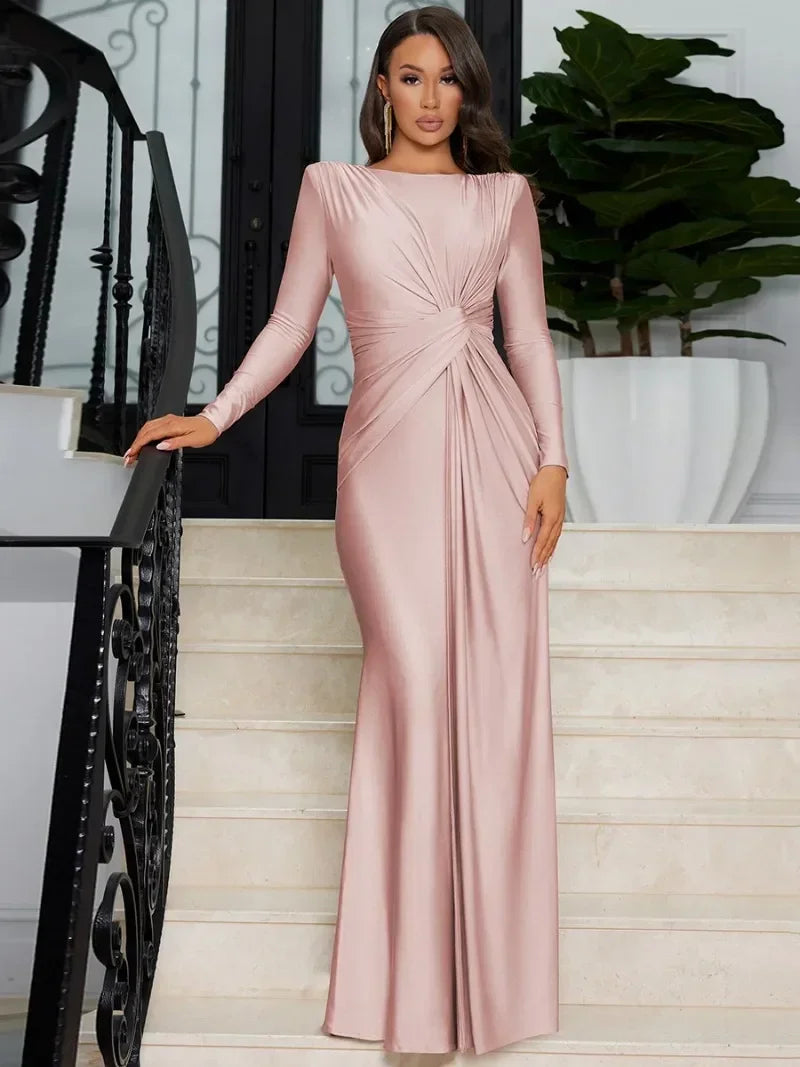 Elegant High Waist Folds Long Maxi Pink Dresses for Women 2025 Chic O-neck Long Sleeve Tunics Slim Solid Party Evening Dress