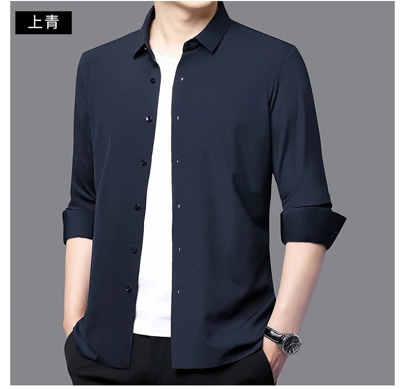 Camisa masculina premium ultraelástica - Camisa formal de manga comprida de seda de alta qualidade para uso social e casual
