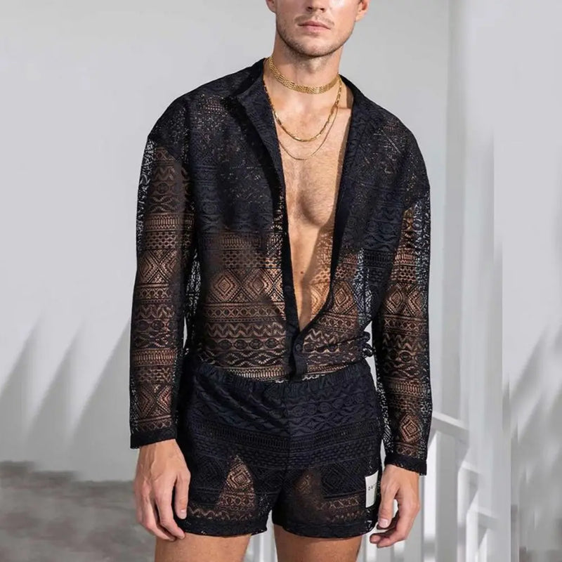 Conjunto de moda masculina vazado sexy renda shorts padrão estampa camisa duas peças ternos moda elegante