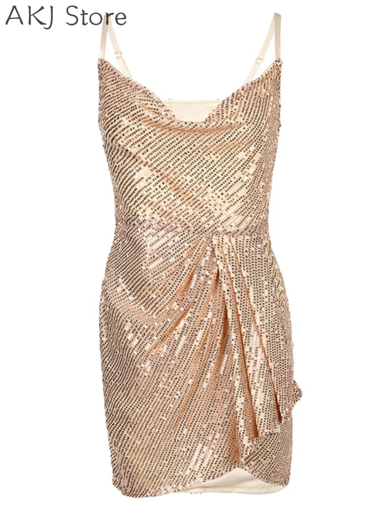 Women Spaghetti Strap Sleeveless Ruched Mini Sequin Dress