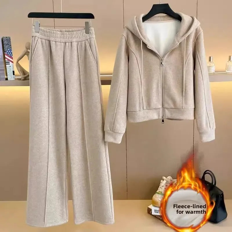 Women's Fleece Lined Thick Casual Sports Suit Set Hoodie Jacket Wide Leg Pants Two Piece Set Autumn Winter Fashion New Style