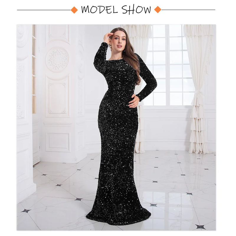 Romagic Elegant Women Modest Stretch Sequin Royal Blue Wedding Prom Gown Long Sleeves Mermaid Formal Evening Party Dress 2025