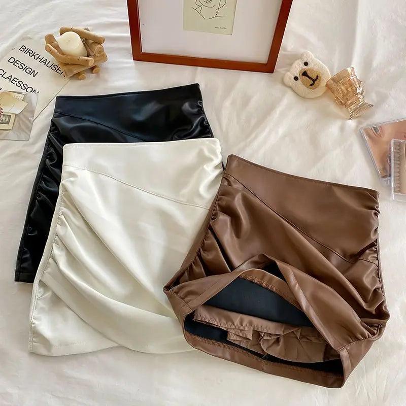 Leather Skirts Women Cross Folds Pu Mini Black Skirt Fall 2022 Korean Fashion Casual Coffee Gothic Skirts with Lining - CRAVO ROSE