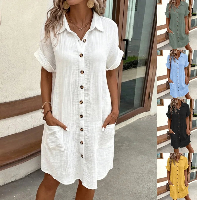 Summer Turn Down Collar Button Up Dress For Women Casual Loose Short Sleeve Pocket Splicing Solid Color Dresses Femme Robe
