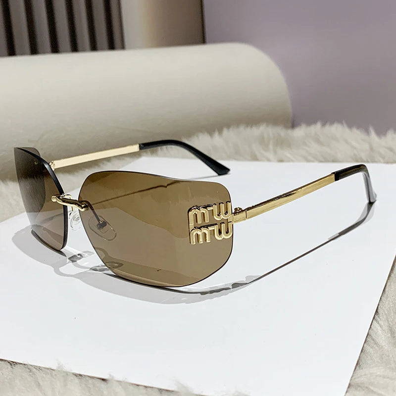 Classic Sun Glasses Female Funky Metal Luxury Rimless Sunglasses Women Brand Designer Rivets Rectangle Gradient Curved Shades