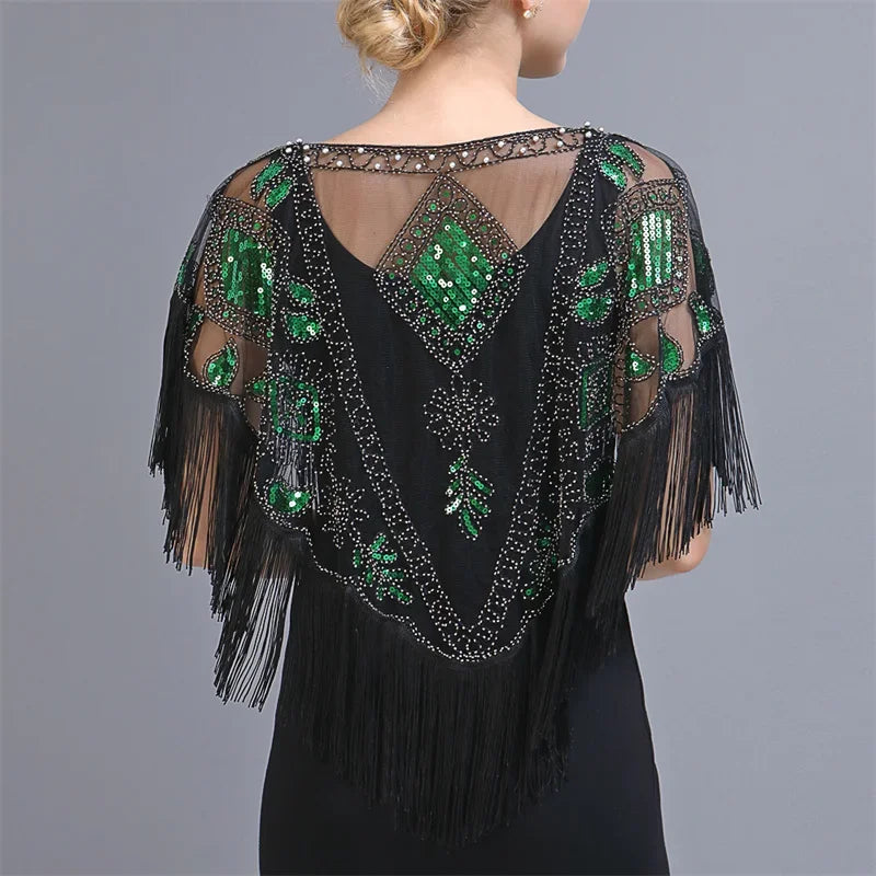 Summer Sequins Tassels Poncho Women Coat Party Outfits Cape Mesh Jacket Ladies Cloak Shawls Casaco Outerwear Wraps Woman Clothes