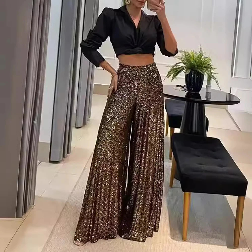 Women's Elegant Golden Thread Wide Leg Pants High Waisted Sparkle Trousers Glamorous Party Clubwear Shiny Evening Fashion Bottom