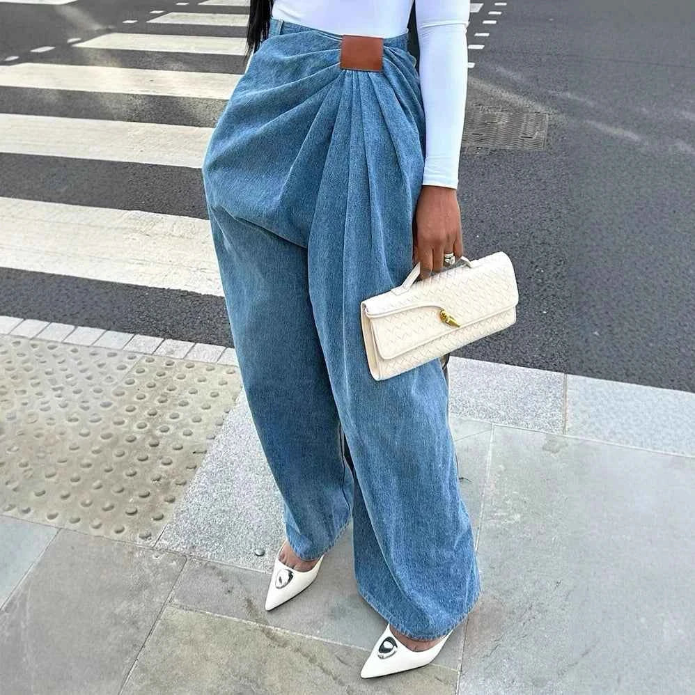 Women Wide Leg Pants Jeans Washed High Waist Folds Distressed Denims Spring 2026 Vintage Female Trousers Streetwear Floor Length