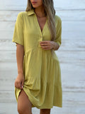 Vestido casual com lapela e babados, linha A, para férias na praia, solto, liso, de algodão e linho, manga curta
