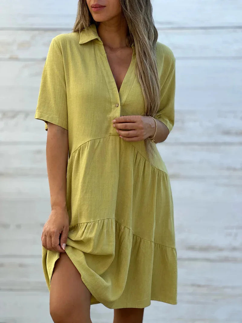 Vestido casual com lapela e babados, linha A, para férias na praia, solto, liso, de algodão e linho, manga curta