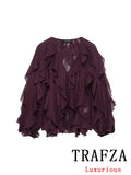 TRAFZA Vintage Chic Solid Women Blouse Tierred V-Neck Long Sleeve Single Breasted Loose Blouse Fashion 2025 Spring Summer Shirts