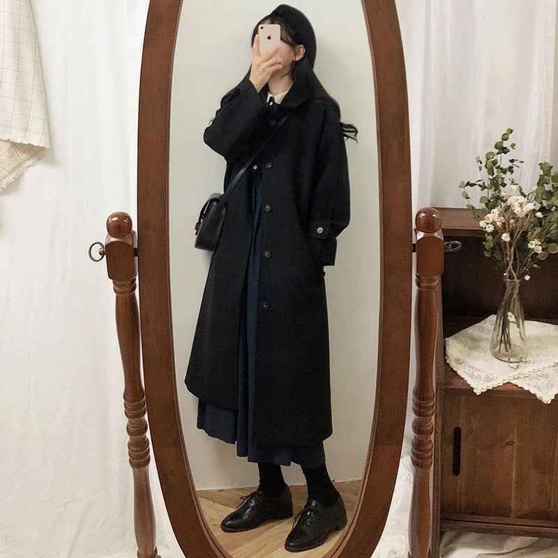 Autumn Winter Korean Style Loose Woolen Coat 2025 Slimming Knee-Length Tweed Women's Mid-Length Elegant Outerwear