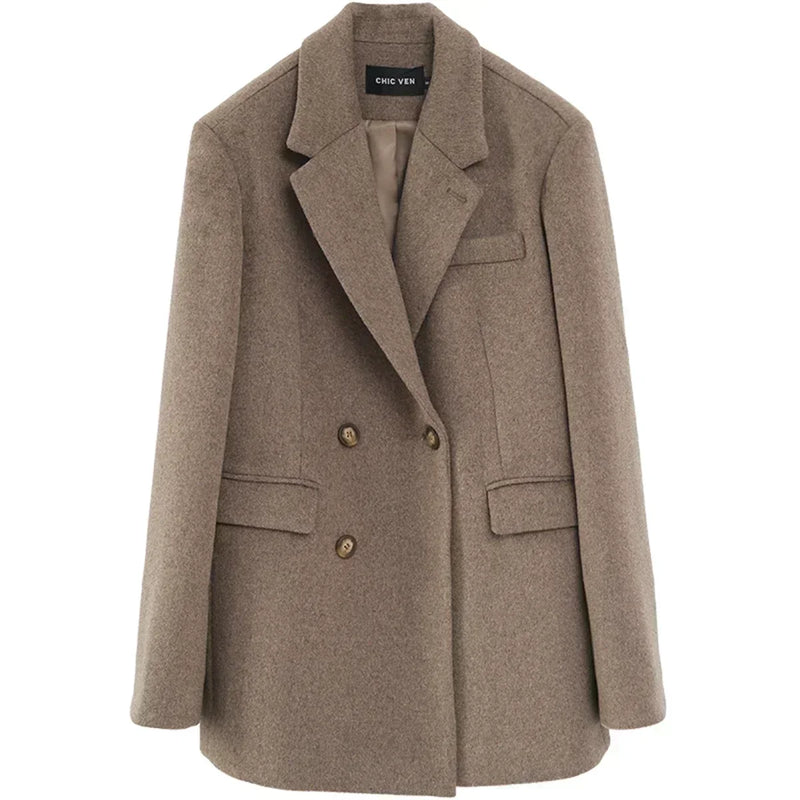 Casaco de lã feminino CHIC VEN, blazer longo de lã, blusa grossa e quente, sobretudo feminino, blusa feminina para escritório, outono e inverno