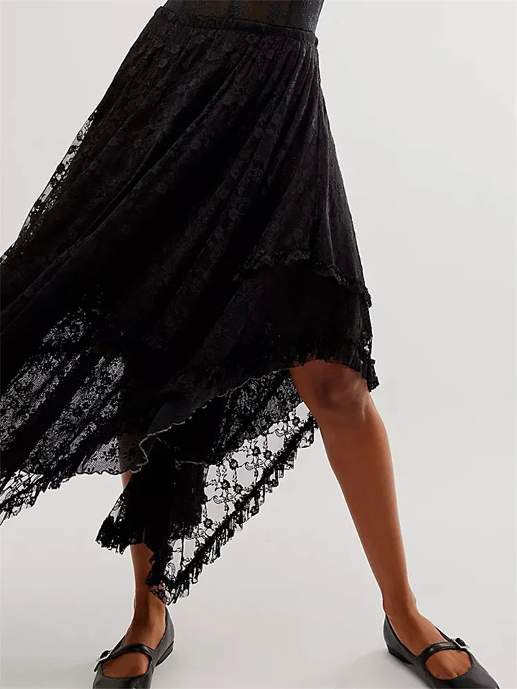 Saias longas femininas de renda, casuais, bainha irregular, camadas, babados, cintura elástica,urbana