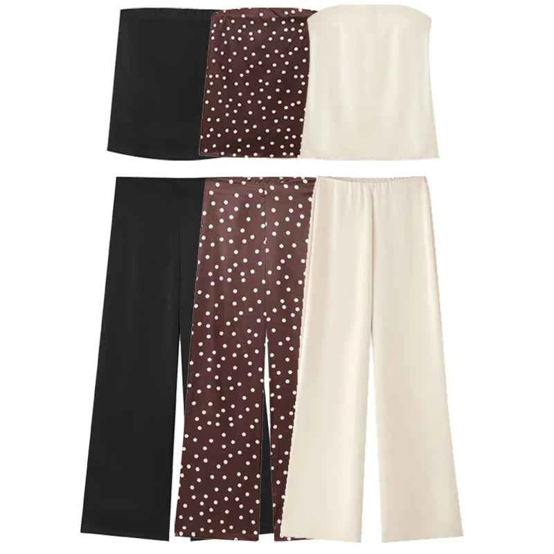 HXAO Satin Pant Sets Women's Two Pieces Set Strapless Off Shoulder Tube Vest 2 Piece Sets Woman Outfit High Waist Trousers Sets