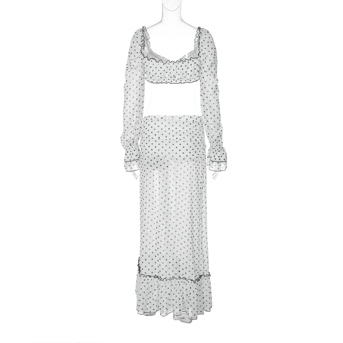 Hugcitar Polka Dot Print 2 Pieces Sets Long Sleeve Bow Sexy Crop Top Slit Maxi Skirt See Through Fashion Outfit Beach Vacation