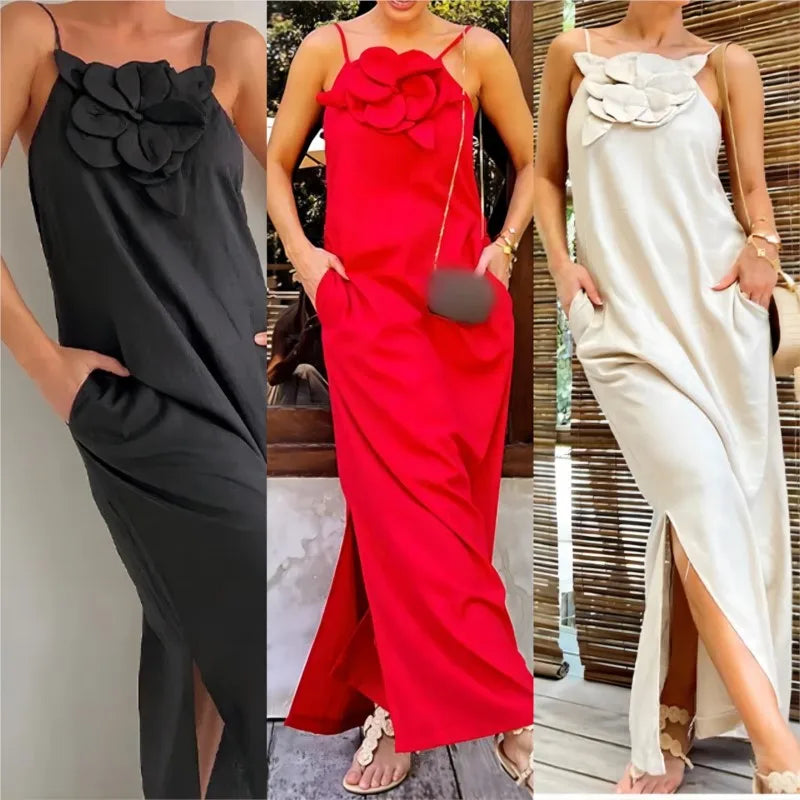 Sexy Women's Dress Spring Summer New Fashion Spaghetti Strap Flower Cotton Linen Prom Evening Maxi Dresses For Women Robe Femme