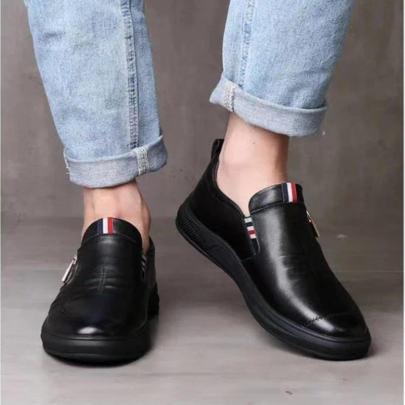 Men's Casual Leather Shoes Trend Brand Loafers for Men Summer Zip Flat Man's Sneakes Business Comfortable Driving Shoe Moccasins - CRAVO ROSE