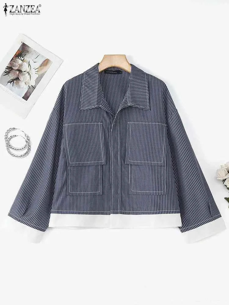 Women Korean Shirts 2025 ZANZEA Autumn Long Sleeve Striped Patchwork Blouse Fashion Tops Tunic Pockets Office Blusas Femininas