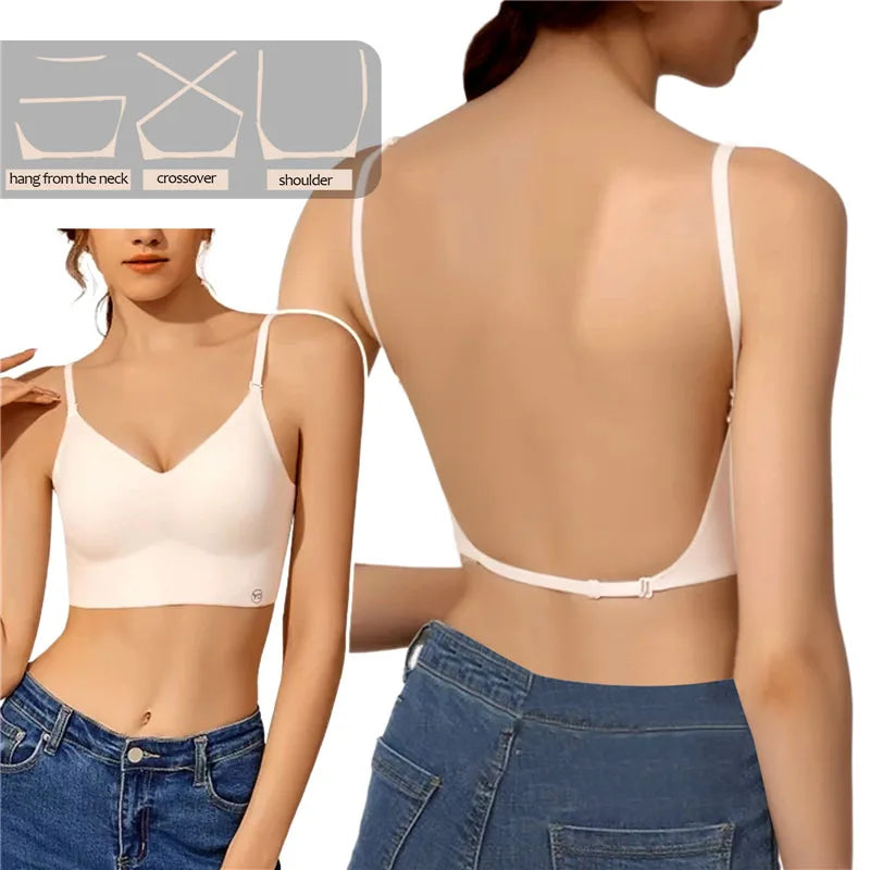 Sutiã invisível feminino com decote em U profundo, top sem costas para vestidos, lingerie sexy com alça transparente, push up, roupa íntima sem alças