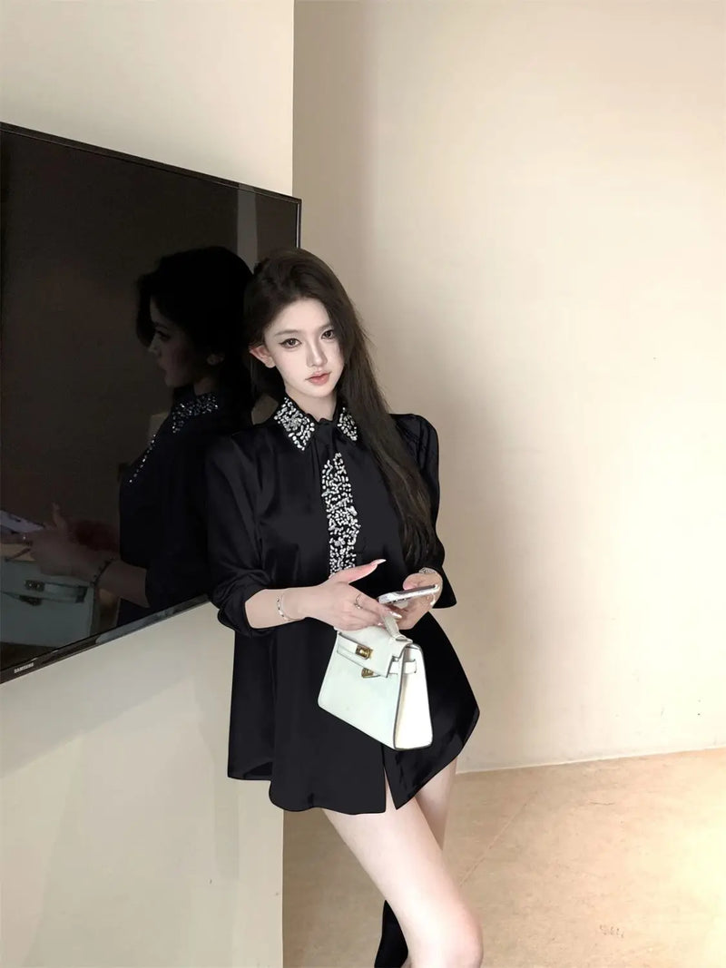 Camisas de cetim com gravata diamantes para mulheres, blusas soltas de manga comprida com lapela e lapela, elegantes francesas, para combinar com todas as mulheres, primavera 2025