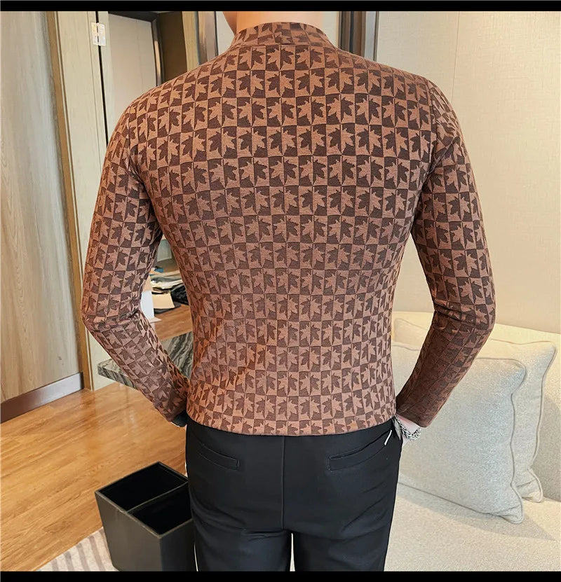 Camiseta elástica estampada de gola alta semi alta para homens, roupas de outono, nova, mangas compridas, jacquard, justa, cor sólida, camiseta slim fit