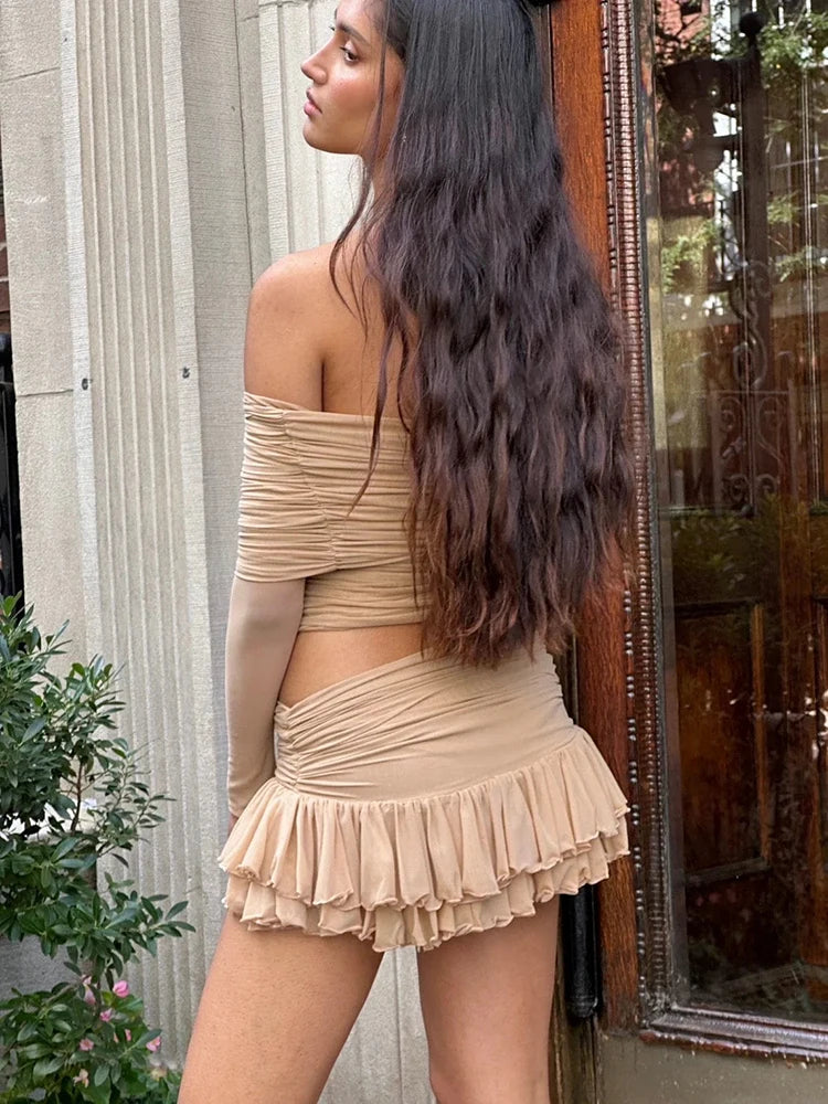 Fantoye Sexy Strapless Two Piece Sets Women Skirt Suit Khaki Long Sleeve Top Ruffle Skirt Female Spring Slim Elegant Skirt Sets