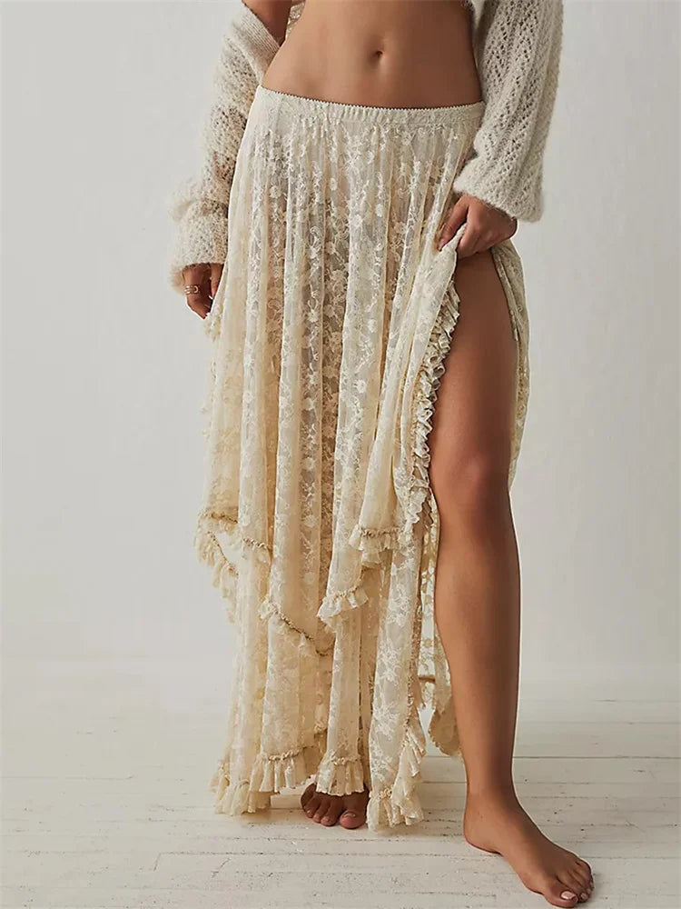 Saias longas femininas de renda, casuais, bainha irregular, camadas, babados, cintura elástica,urbana