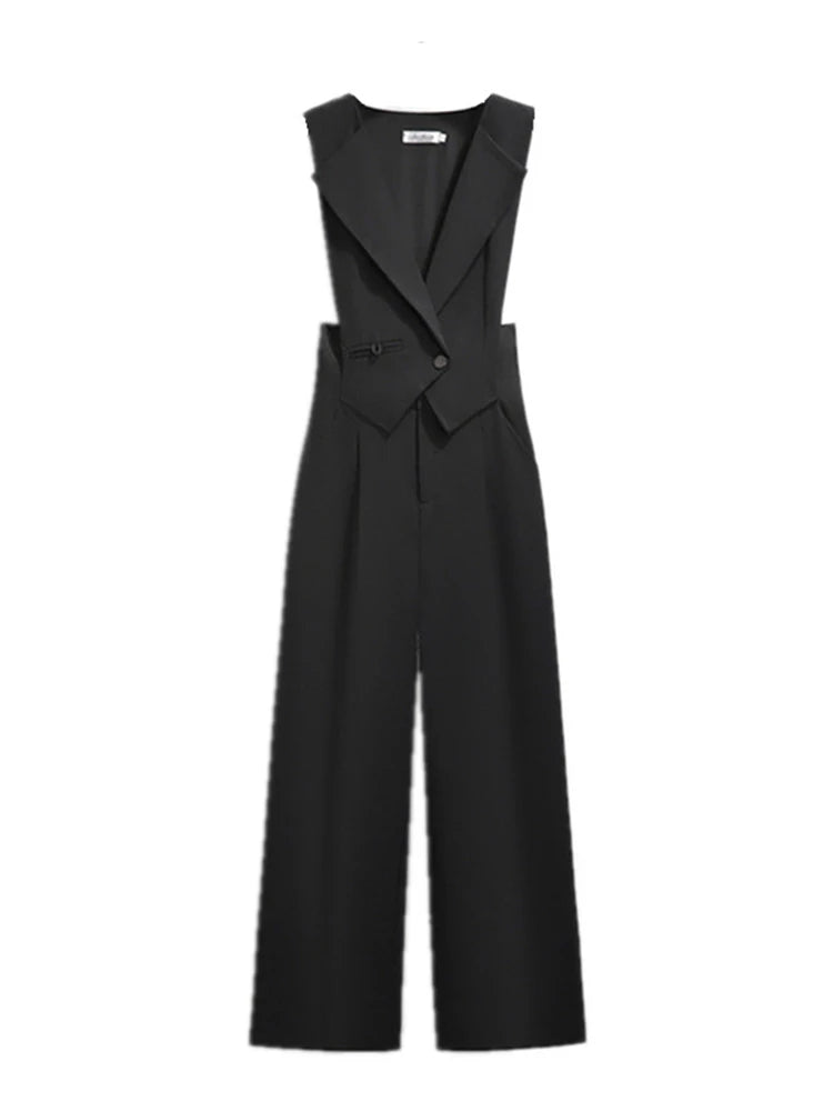 EWQ Elegant Style Chic Jumpsuit Women Solid Color Sleeveless Notched Irregular Patchwork Jumpsuits Winter Spring 2024 New SN5373