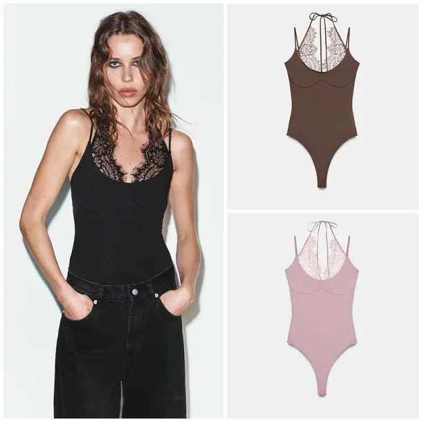 Fashionable Lace Neckline Shortalls Women's Summer New Style Splicing Design Casual Polyester Fiber H-Shape Vest Inner Wear