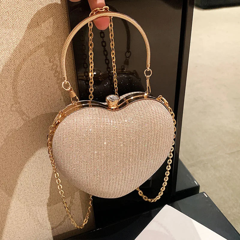 Evening Clutch Bag Women Bag Shiny Handbag Heart Shape Metal Clutches Bag Fashion Chain Shoulder Crossbody Bag Luxury Lady Purse