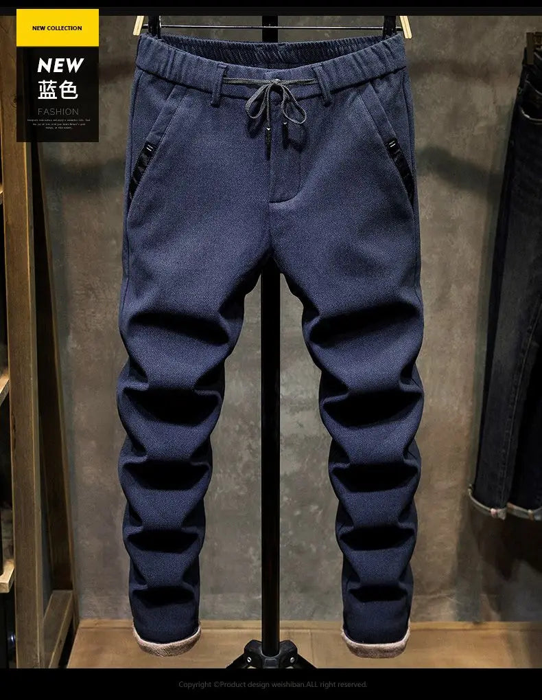 Korean Fashion Fleece Plush Mens Casual Full Length Elastic Waist Autumn and Winter Thickened Drawstring Sports Joggers Trousers