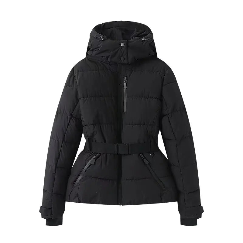 2025 Women Winter Hooded Down Jackets With Belt Lady Warm Thick Long Sleeve Stand Collar Parkas Padded Coats Sports Ski Outdoor