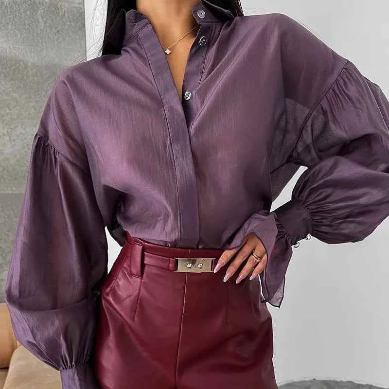 New Spring Autumn Flare Long Sleeve Office Lady Blouses Fashion Turn-down Collar Button Thin Shirt Casual Solid Loose Women Tops