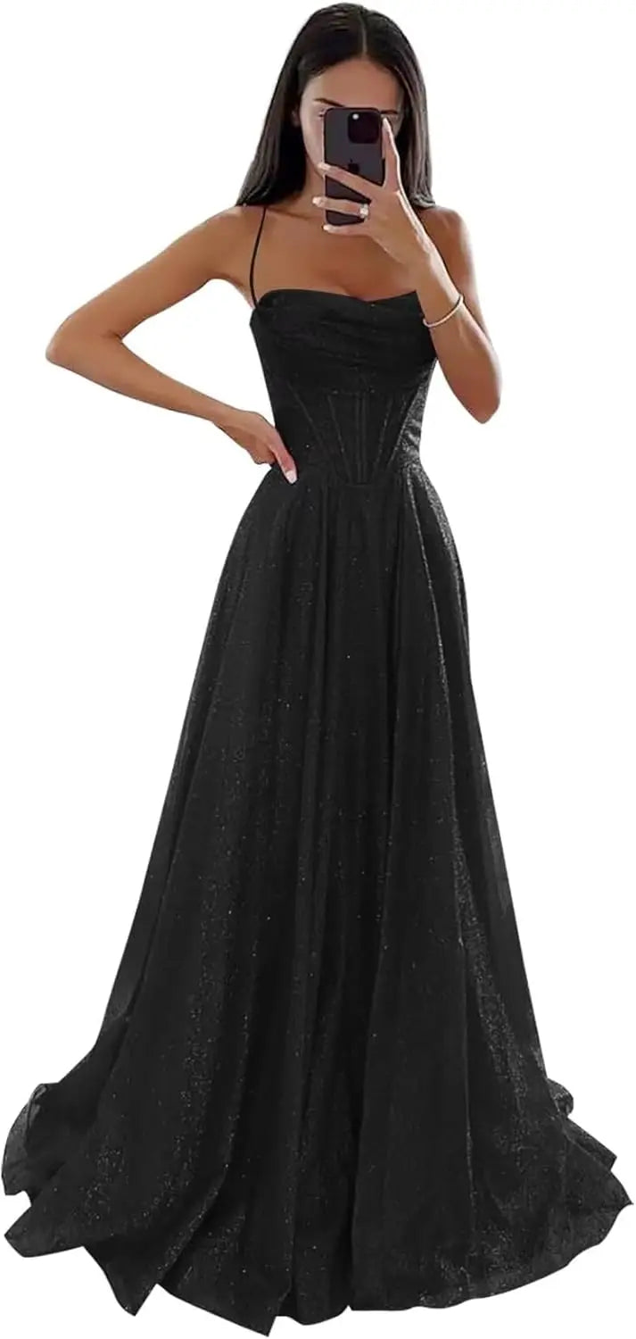 Spaghetti Straps Sleeveless Prom Dress for Women Long Shiny Tulle Formal Evening Party Gown with Slit Formal Dress Women Elegant