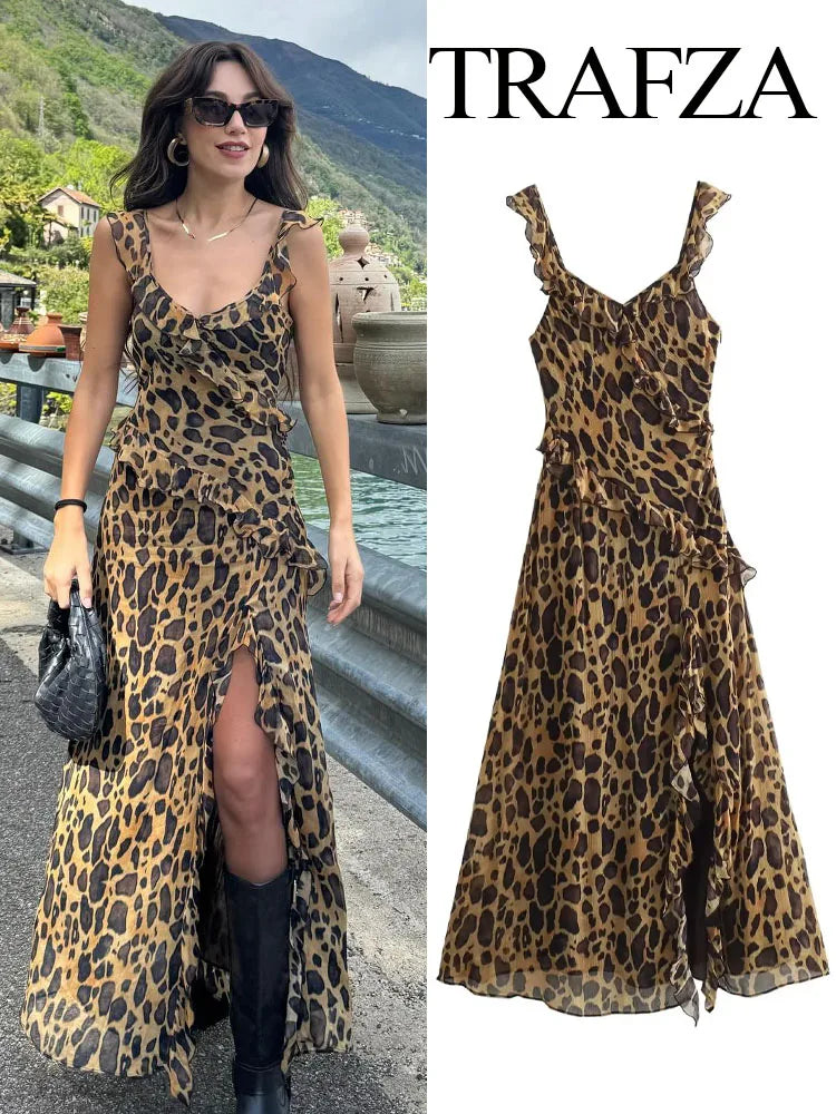 TRAFZA 2024 Woman Chic V-Neck Sleeveless Backless Slim Beach Party Dress Women Summer Vintage Leopard Fold Print Long Dress - CRAVO ROSE