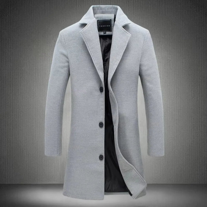 Casaco masculino de abotoamento simples, corte slim, corta-vento com cinto, jaqueta longa, casual, liso, à prova de vento, sobretudo masculino