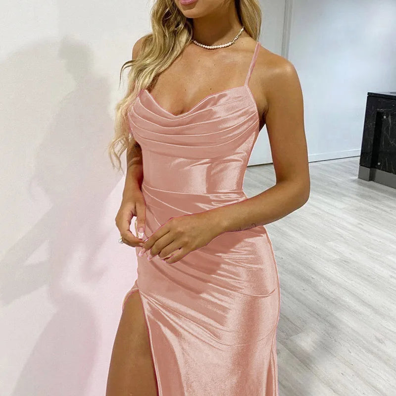 Women's Spring New Bra Shrink Pleated Split Satin Dress Sexy Slim Fit Wrap Hip Dress