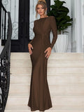 Elegant High Waist Folds Long Maxi Pink Dresses for Women 2025 Chic O-neck Long Sleeve Tunics Slim Solid Party Evening Dress