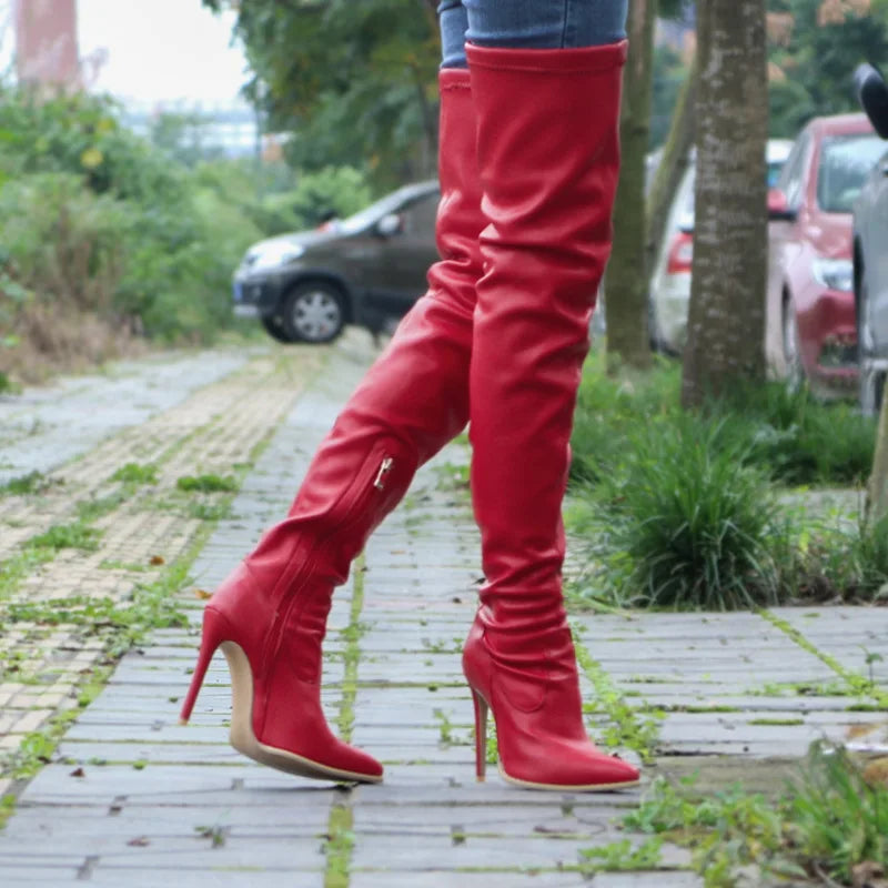 Novas botas acima do joelho femininas, salto alto fino, botas elásticas da moda feminina, tamanho grande 46 47, botas femininas