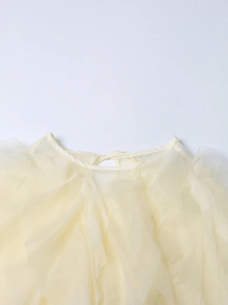 Blusas elegantes de chiffon com babados e patchwork, gola redonda, lanterna, manga comprida, camisa solta