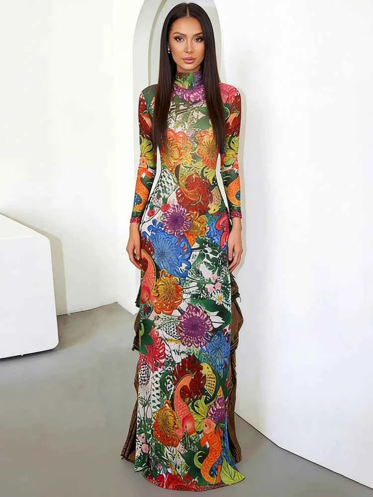 Kliou Colorful Flower Print Extended T-Shirts Woman o-Neck Full Sleeve High Waist Splits Hem Spring Trend Elegant Streetwear