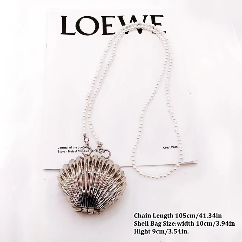 Metal Shell Bag Mini Lipstick Bag Pearl Chain Crossbody Bag Shoulder Bag Handbag Purse Waist Bag Women Makeup Jewelry Bag