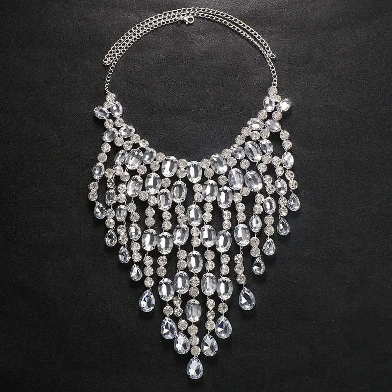 Colar de luxo Maxi Clear Crystal Choker Colar Longo Borla Declaração Colar Pingentes Chunky Collar Jóias