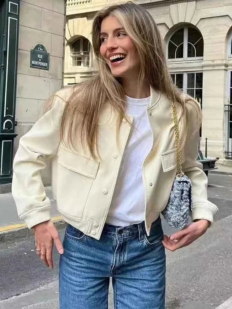 MUJER 2025 Woman Bomber Jacket White Autumn Winter Button Cropped Jackets for Women Fashion Long Sleeve Women Coats Outerwears