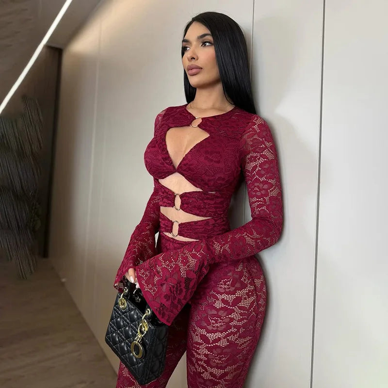 Sexy Hollow out Micro Flared Jumpsuit Long Pants  Lace Shirt Thickened Winter Collection for Elderly Women