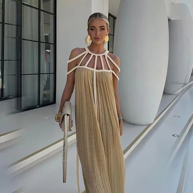 Green Bohemia Holiday Dress Women Elegant Solid Casual Loose Long Dresses Summer Sexy 2 Side Split Backless Beach Dress 2024