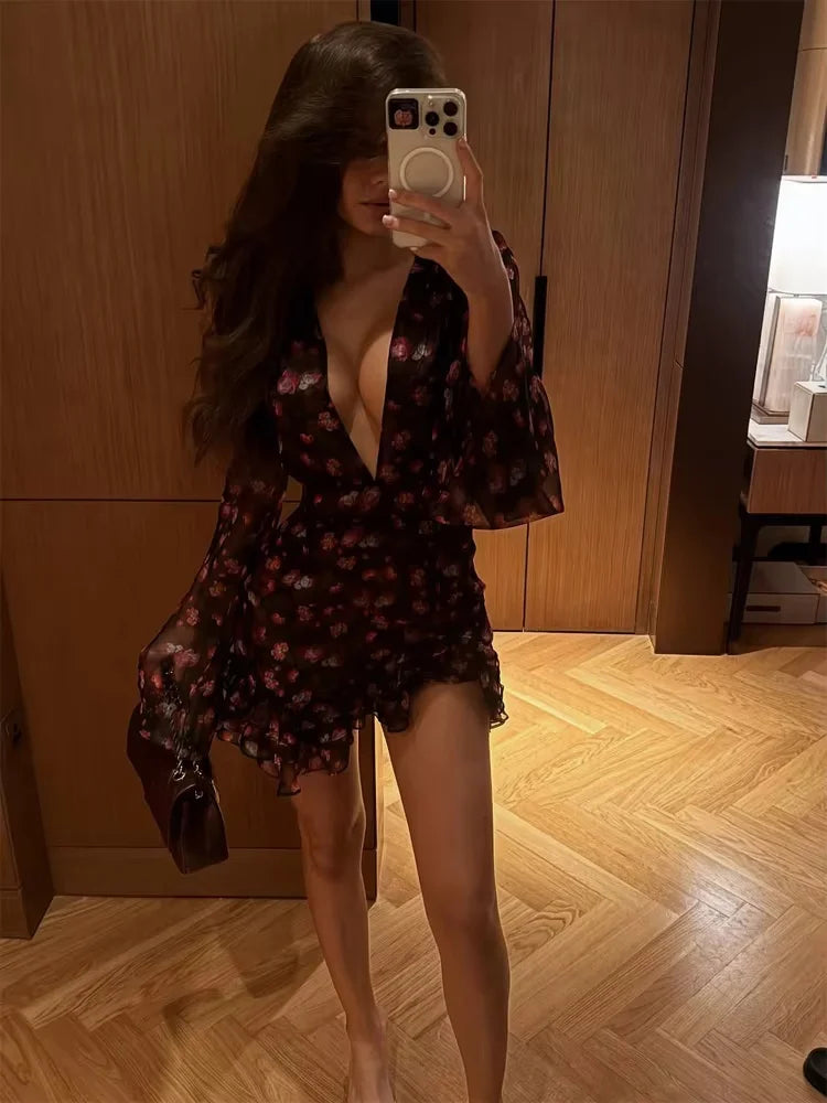 Elegant Floral Print Ruffle Mini Dress Women Sexy Mesh Chiffon Deep V-neck Slim Short Robe 2026 Summer New Lady Party Club Dress