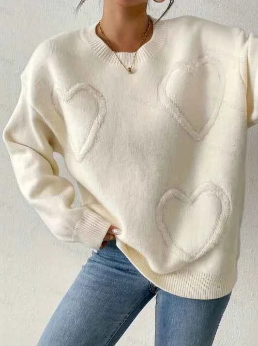 Women's Oversize Knitted Sweater round Neck Heart Patchwork Valentine's Day Theme Autumn Winter Fashion Simple Style Top